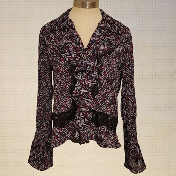 Y2K ruffle front chevron poet blouse Dress Barn black lace trim size large - Picture 1 of 8